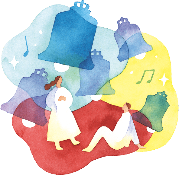 鐘の音色にくつろぐ二人のイラストレーション