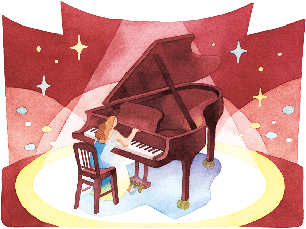 ステージでピアノを弾くピアニストのイラストレーション